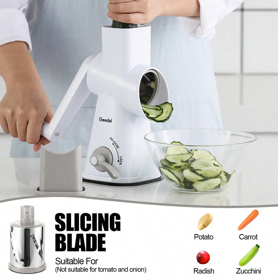 Geedel Rotary Cheese Grater | Mandoline Vegetable Slicer with 3 Detachable Drum Blades, Dishwasher Safe
