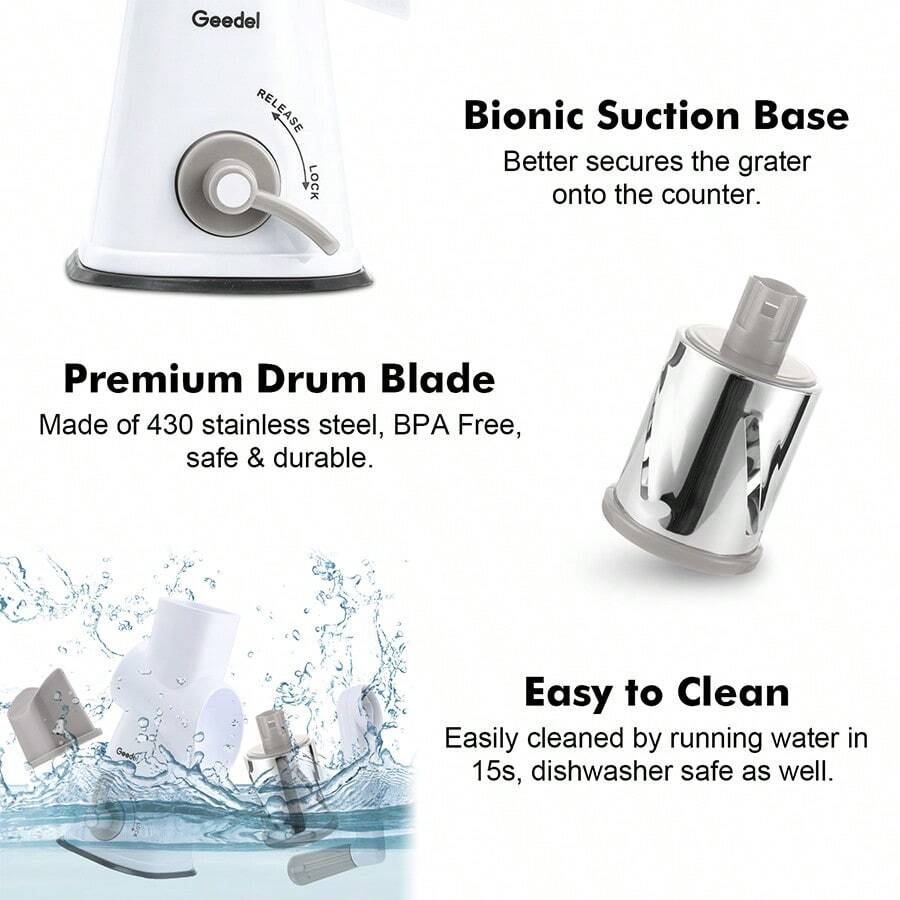 Geedel Rotary Cheese Grater | Mandoline Vegetable Slicer with 3 Detachable Drum Blades, Dishwasher Safe