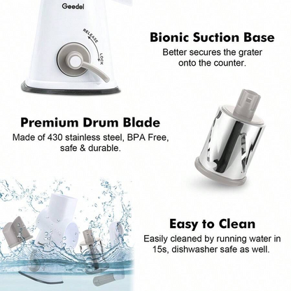 Geedel Rotary Cheese Grater | Mandoline Vegetable Slicer with 3 Detachable Drum Blades, Dishwasher Safe