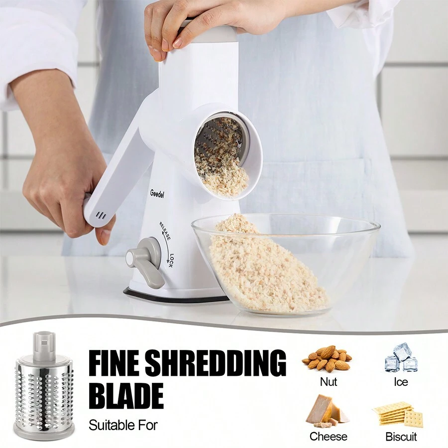 Geedel Rotary Cheese Grater | Mandoline Vegetable Slicer with 3 Detachable Drum Blades, Dishwasher Safe