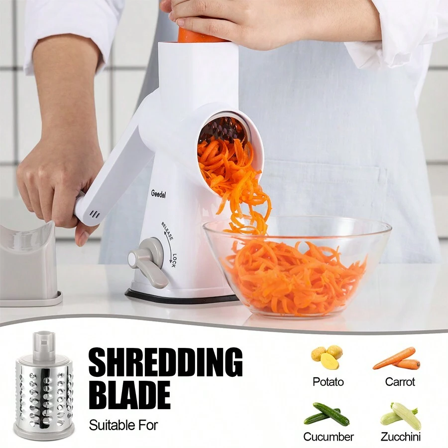 Geedel Rotary Cheese Grater | Mandoline Vegetable Slicer with 3 Detachable Drum Blades, Dishwasher Safe