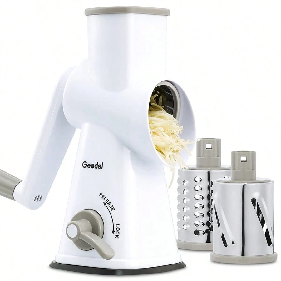 Geedel Rotary Cheese Grater | Mandoline Vegetable Slicer with 3 Detachable Drum Blades, Dishwasher Safe