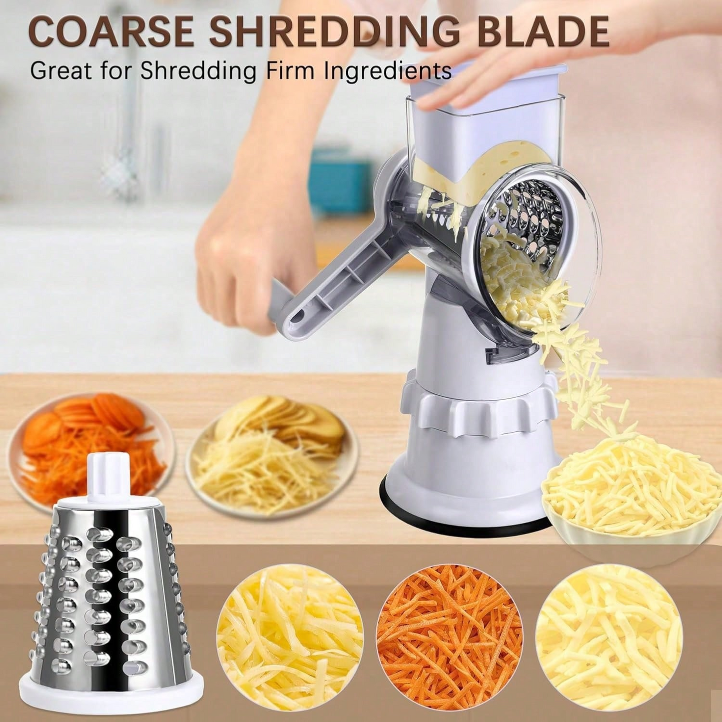 Hand Crank Rotary Cheese Grater | 3 Stainless Steel Blades Multi Vegetable Mandoline Slicer, White
