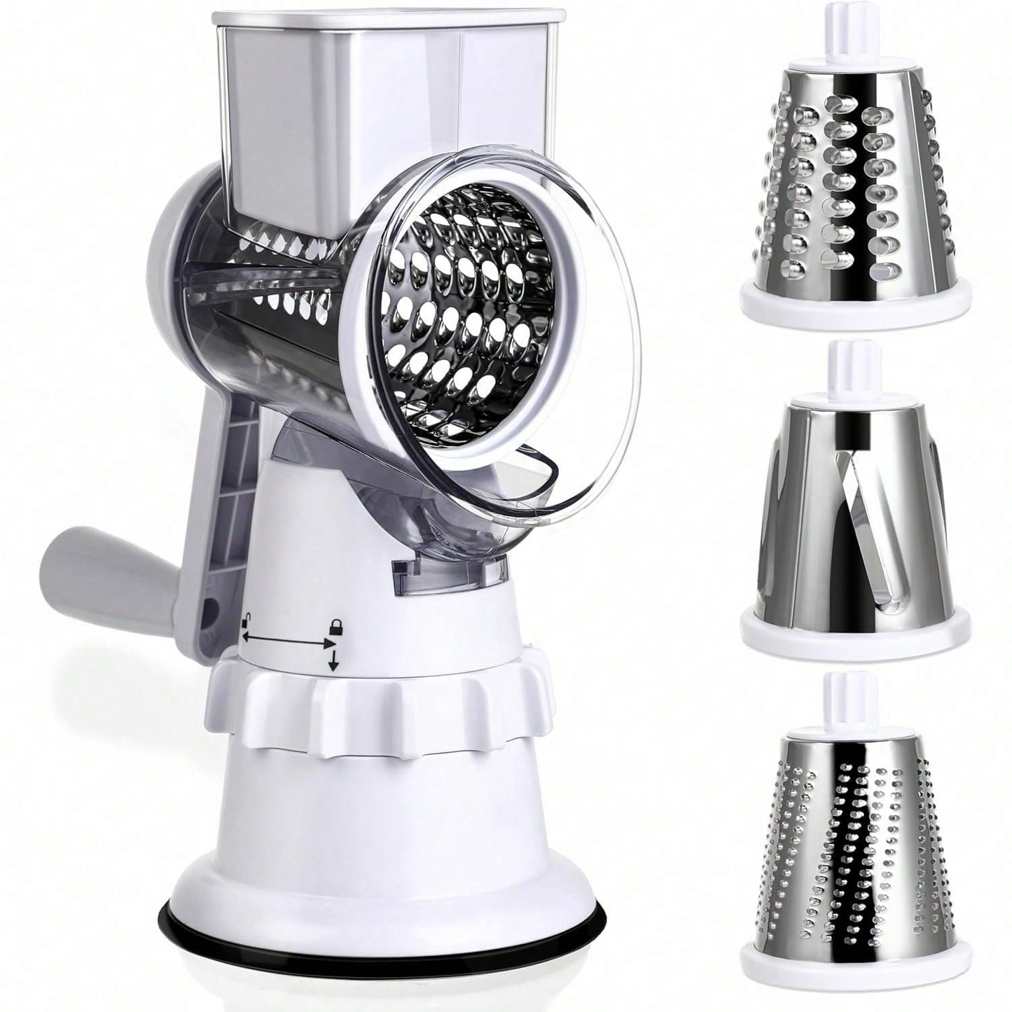 Hand Crank Rotary Cheese Grater | 3 Stainless Steel Blades Multi Vegetable Mandoline Slicer, White