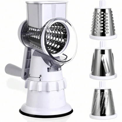 Hand Crank Rotary Cheese Grater | 3 Stainless Steel Blades Multi Vegetable Mandoline Slicer, White