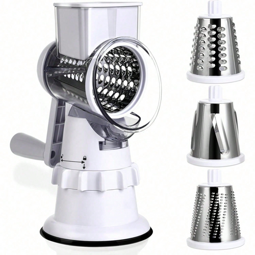 Hand Crank Rotary Cheese Grater | 3 Stainless Steel Blades Multi Vegetable Mandoline Slicer, White