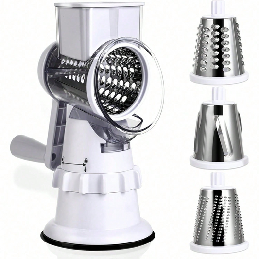 Hand Crank Rotary Cheese Grater | 3 Stainless Steel Blades Multi Vegetable Mandoline Slicer, White