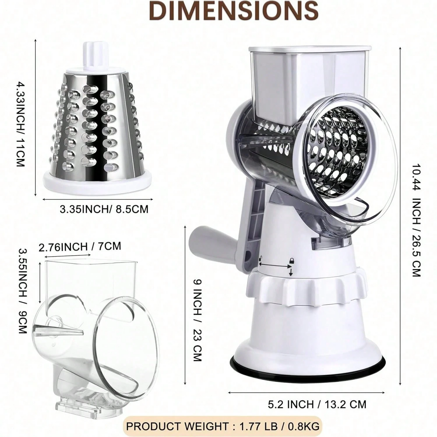 Hand Crank Rotary Cheese Grater | 3 Stainless Steel Blades Multi Vegetable Mandoline Slicer, White