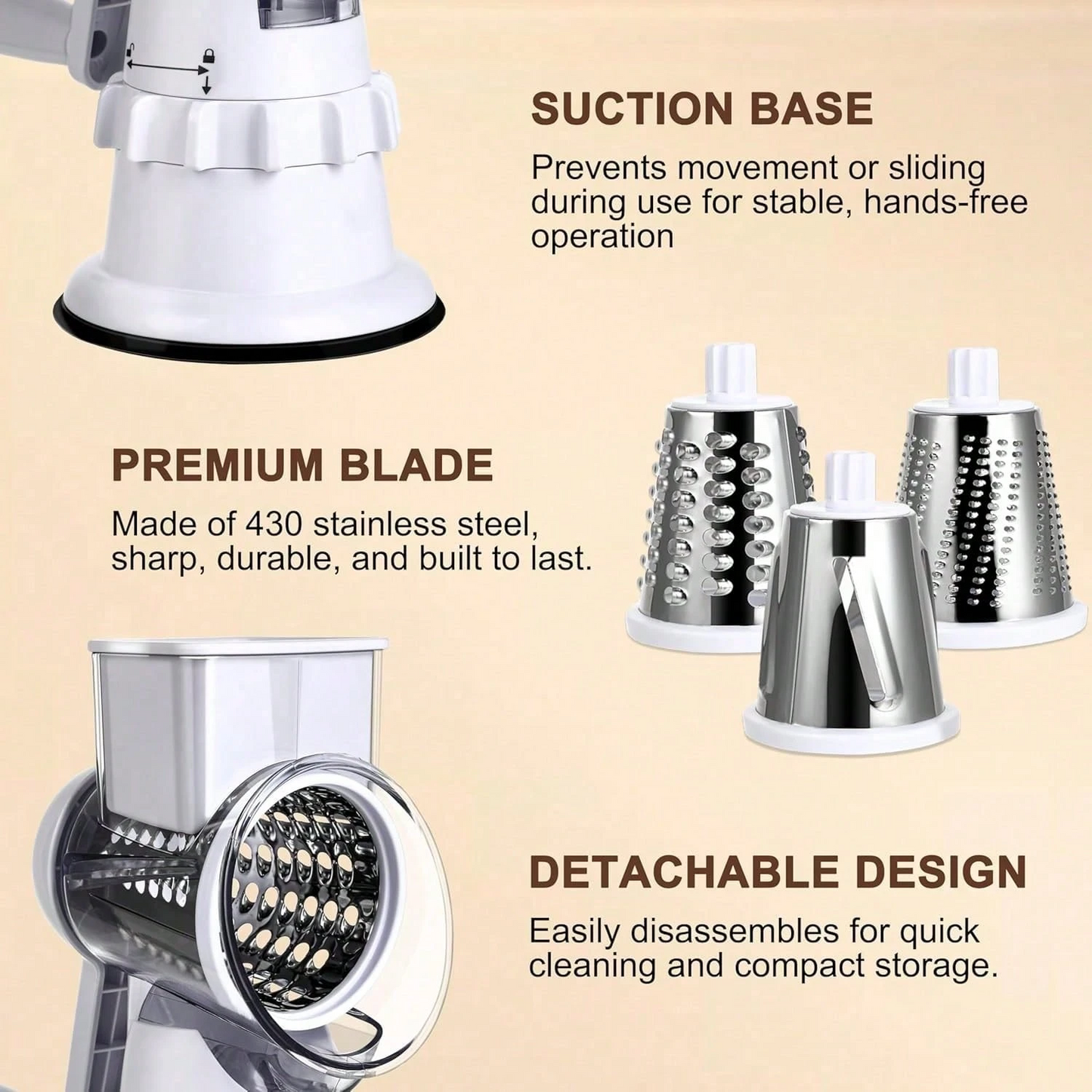 Hand Crank Rotary Cheese Grater | 3 Stainless Steel Blades Multi Vegetable Mandoline Slicer, White