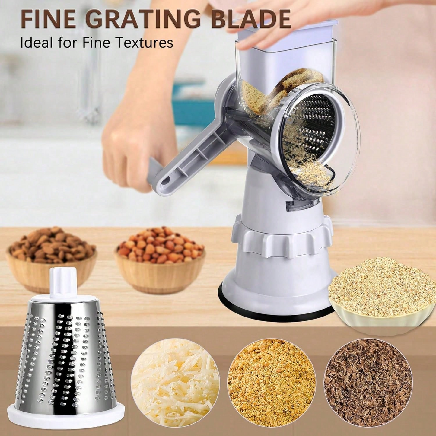 Hand Crank Rotary Cheese Grater | 3 Stainless Steel Blades Multi Vegetable Mandoline Slicer, White