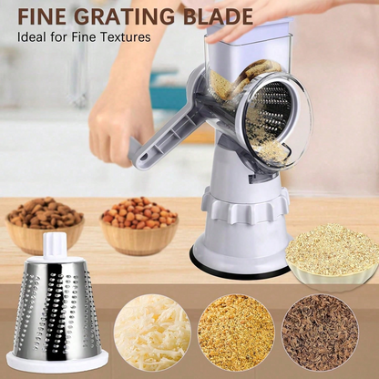 Hand Crank Rotary Cheese Grater | 3 Stainless Steel Blades Multi Vegetable Mandoline Slicer, White
