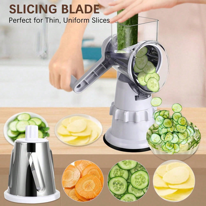 Hand Crank Rotary Cheese Grater | 3 Stainless Steel Blades Multi Vegetable Mandoline Slicer, White