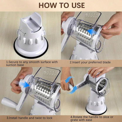 Hand Crank Rotary Cheese Grater | 3 Stainless Steel Blades Multi Vegetable Mandoline Slicer, White