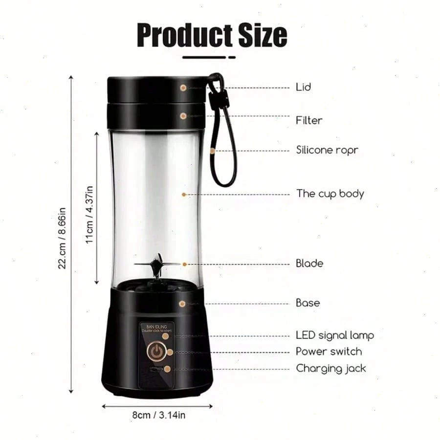 Cordless Mini USB Rechargeable Blender | 380ml Portable Juice Cup with 6 Stainless Steel Blades