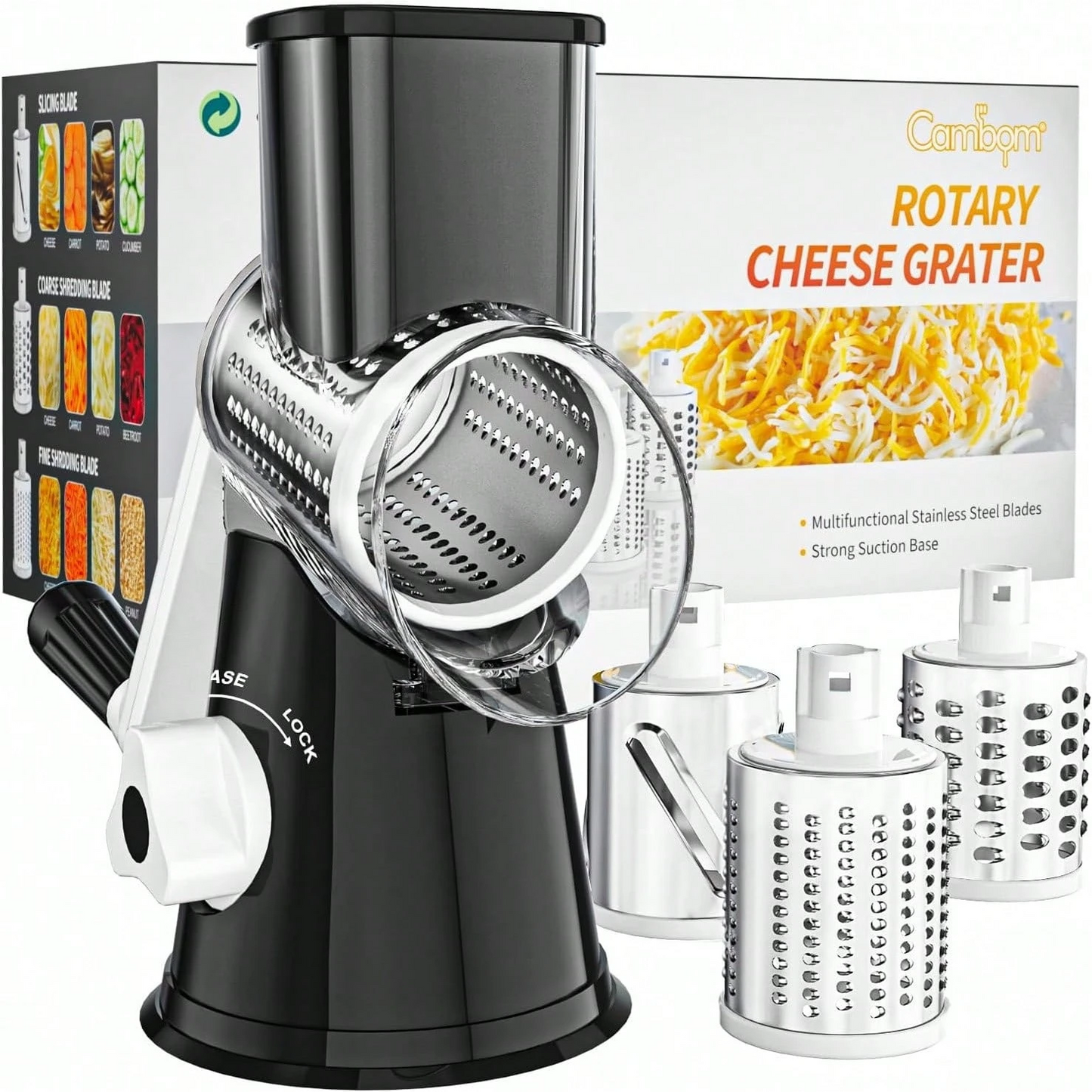 Hand Crank Rotary Cheese Grater | 3 Blades Non-Slip Suction Base Cheese Shredder for Veggies & Nuts, White