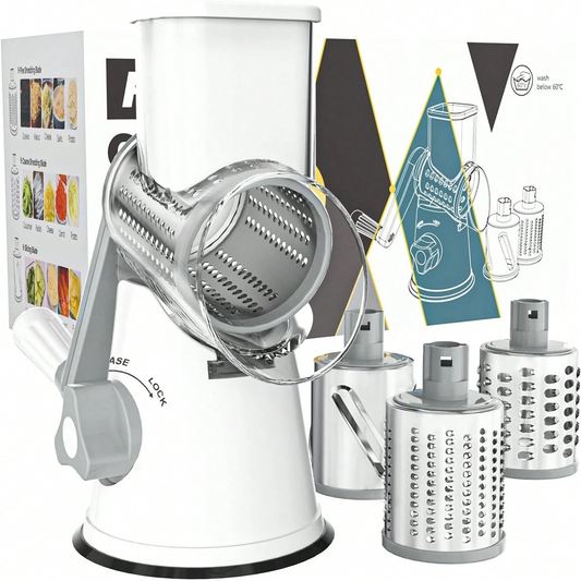 Hand Crank Rotary Cheese Grater | 3 Blades Non-Slip Suction Base Cheese Shredder for Veggies & Nuts, White