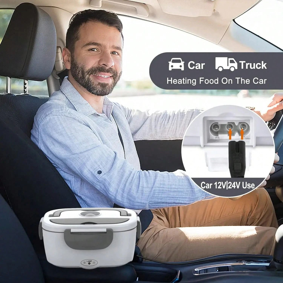 3‑in‑1 Electric Heated Lunch Box | 12V/24V Car & 110V Home Use, 2 Stainless‑Steel Containers for Work, Camping & Road Trips