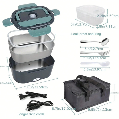 3‑in‑1 Electric Heated Lunch Box | 12V/24V Car & 110V Home Use, 2 Stainless‑Steel Containers for Work, Camping & Road Trips