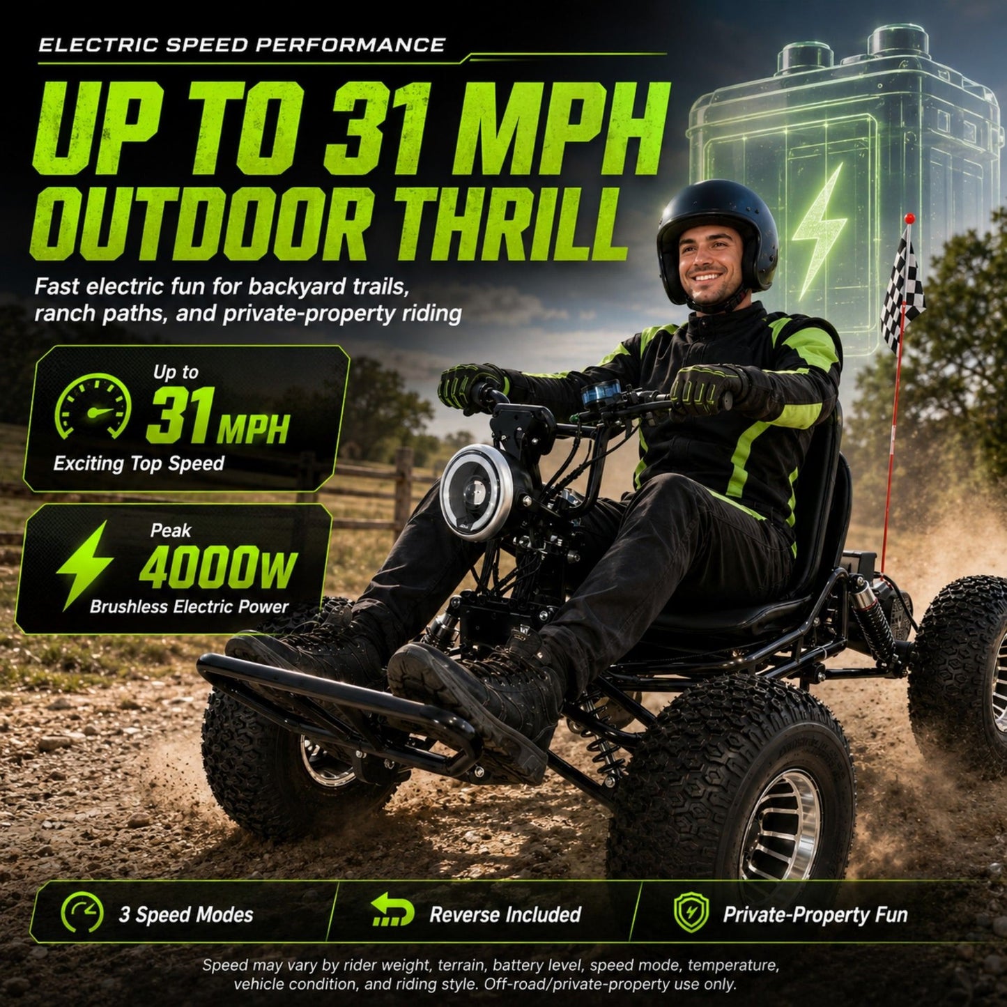 48V 20Ah Electric Off‑Road Go Kart｜Peak 4000W, 31 MPH, 30‑Mile Range for Adults Teens