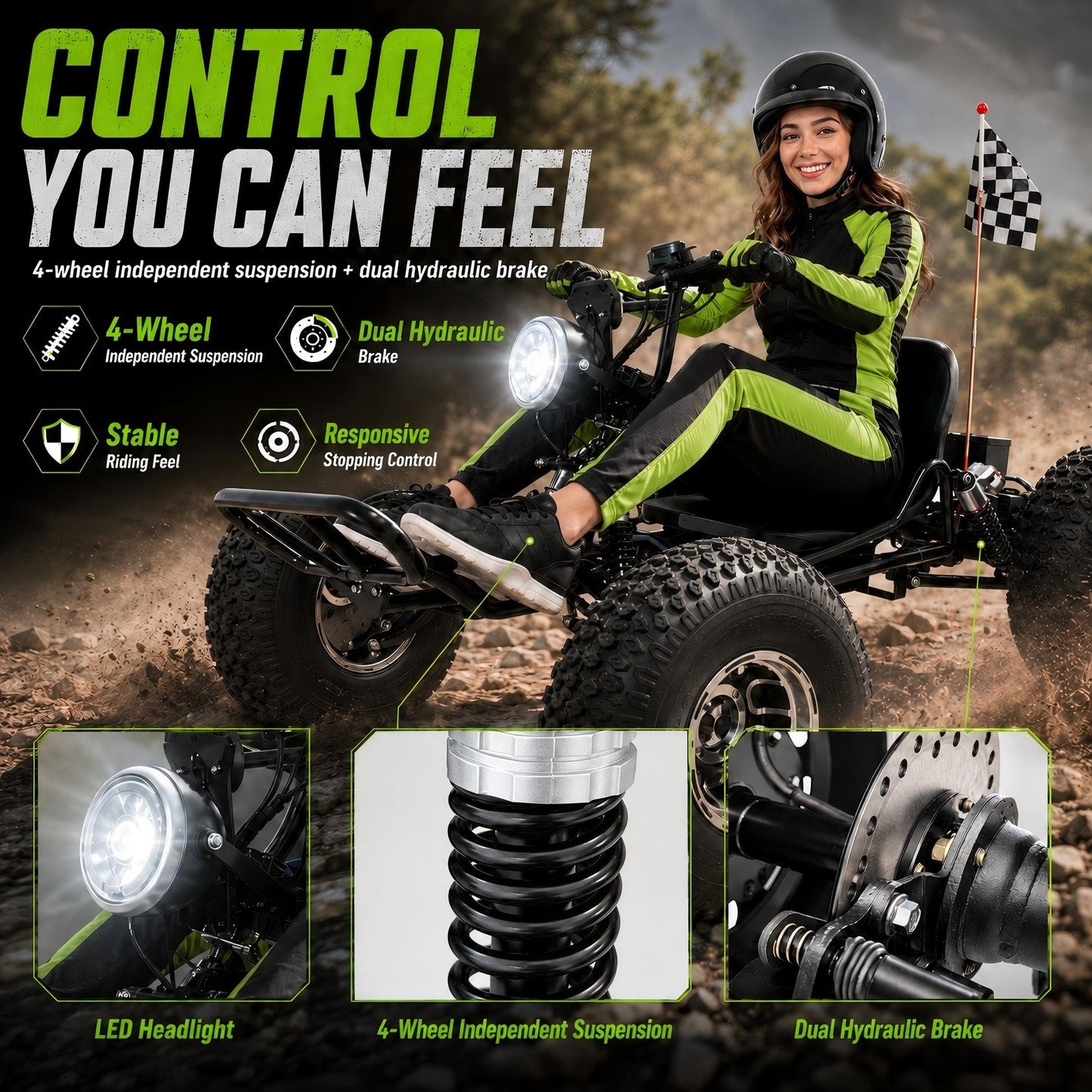 48V 20Ah Electric Off‑Road Go Kart｜Peak 4000W, 31 MPH, 30‑Mile Range for Adults Teens