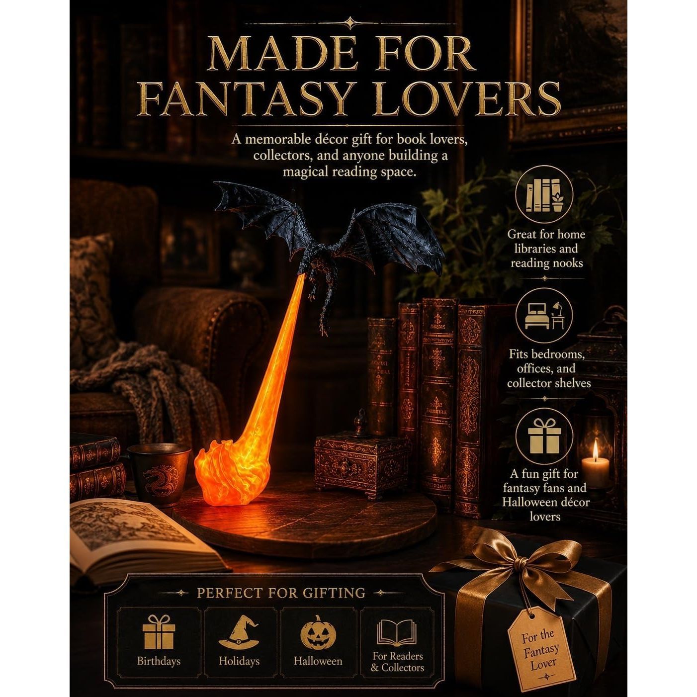 Dragon Bookshelf Hut | 3D Printed Spitfire Fantasy Ornament, Unique Gift for Book Lovers